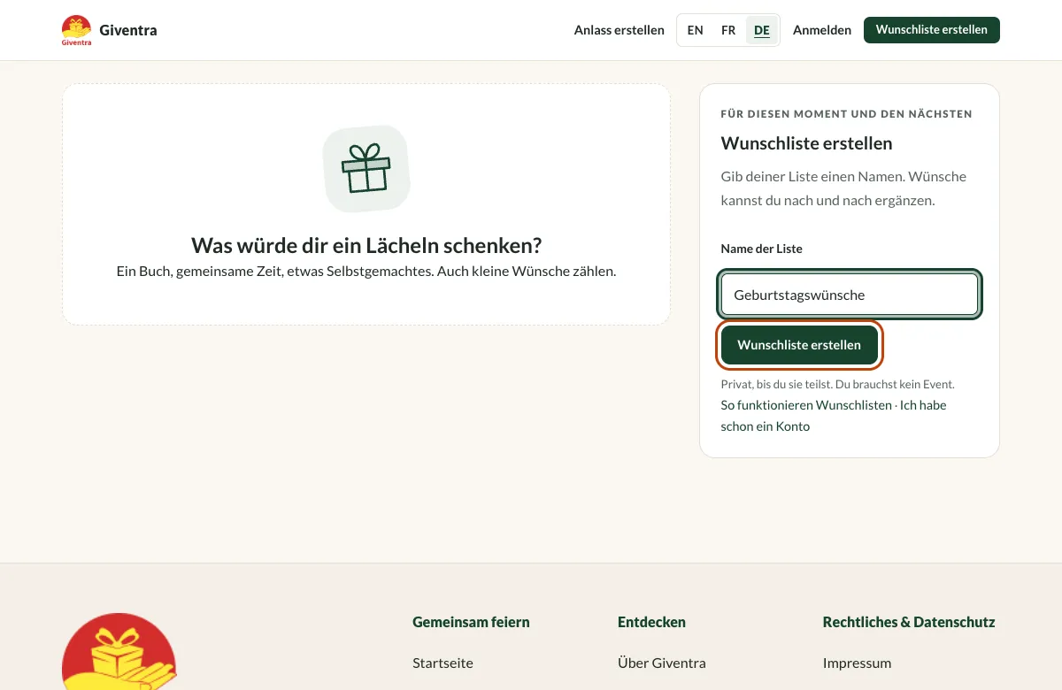 Die Seite zum Erstellen einer Wunschliste mit hervorgehobenem Namensfeld und Erstellen-Button.