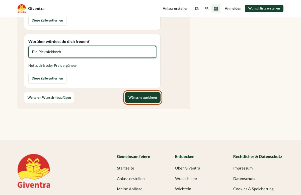 Das Wunschformular mit drei ausgefüllten Wünschen und hervorgehobenem Button Wünsche speichern.