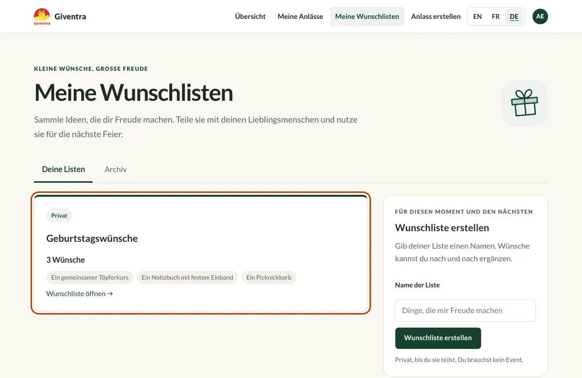 Die Seite Meine Wunschlisten mit der Liste Geburtstagswünsche und drei Wünschen.