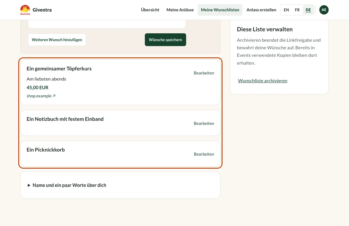 Der Wunschlisten-Editor mit drei Wünschen und ihren Details.