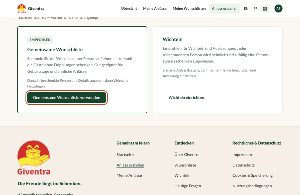 Die Auswahl der Art, mit empfohlener gemeinsamer Wunschliste und hervorgehobenem Button.