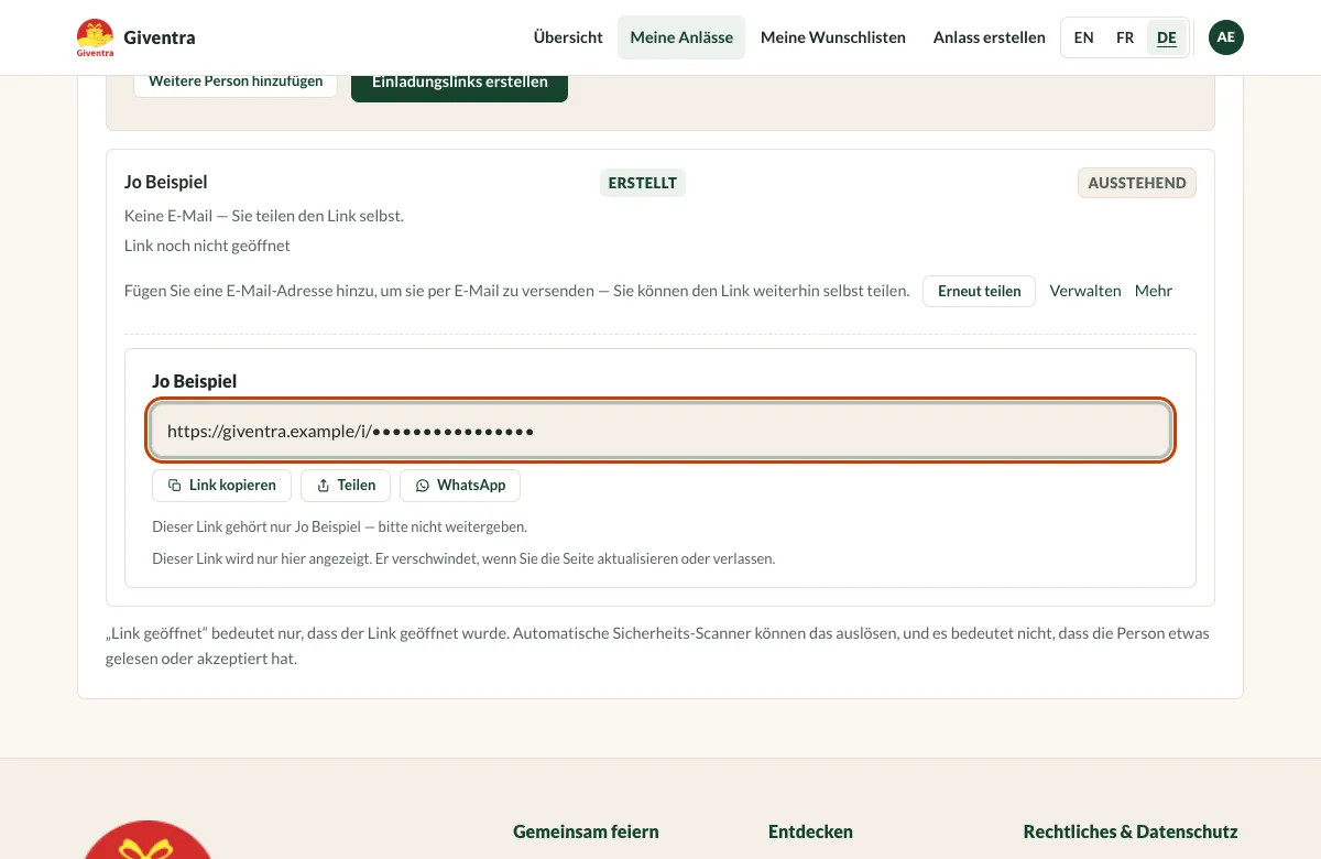Der Tab Personen mit hervorgehobenem persönlichem Einladungslink. Der Link ist in diesem Beispiel verborgen.
