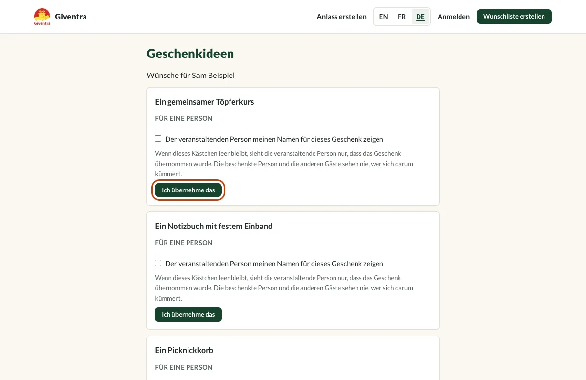 Die Einladungsseite eines Gastes mit dem ersten Geschenk und hervorgehobenem Button Ich übernehme das.
