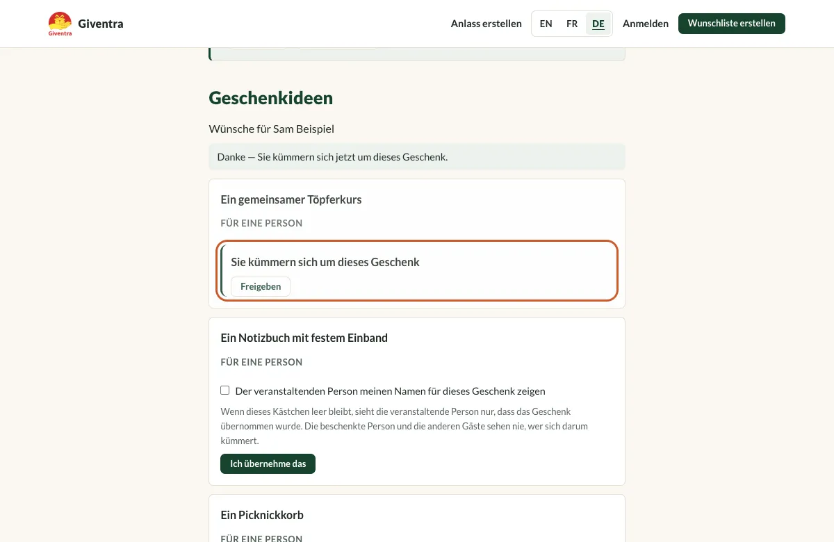 Eine Geschenkkarte, die vom Gast übernommen ist, mit dem Button Freigeben.