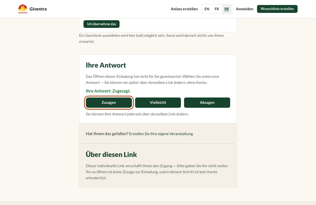 Der Antwortbereich der Einladung mit hervorgehobenem Button Zusagen.