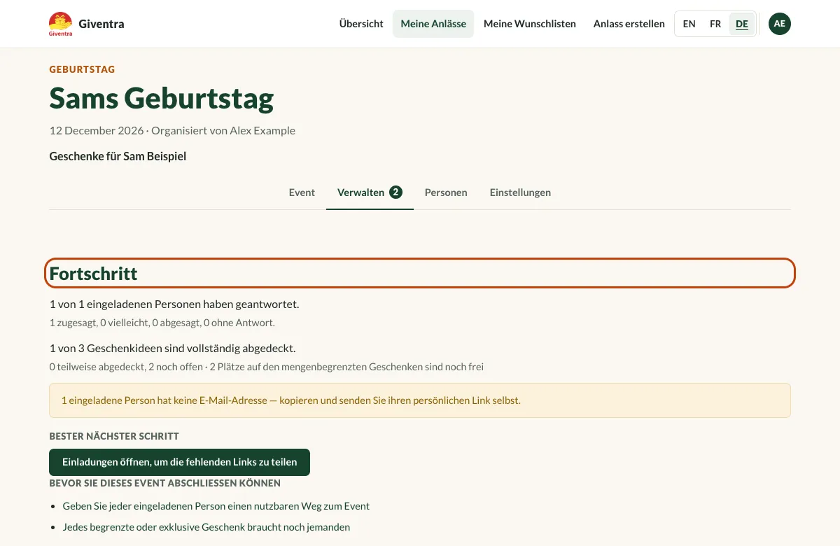 Der Tab Verwalten mit dem Stand der Antworten und der abgedeckten Geschenkideen.