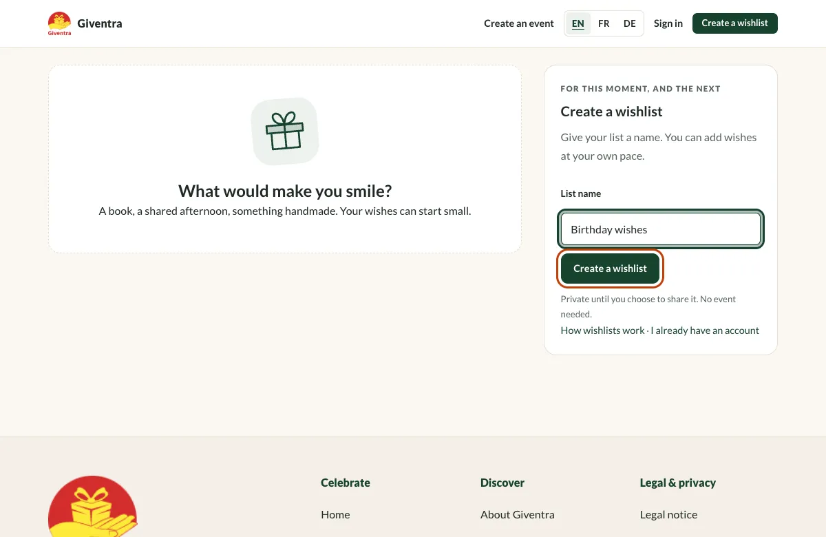 The Create a wishlist page with the list name field and the Create a wishlist button highlighted.