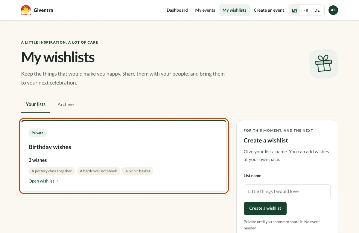The My wishlists page showing the list Birthday wishes with three wishes.