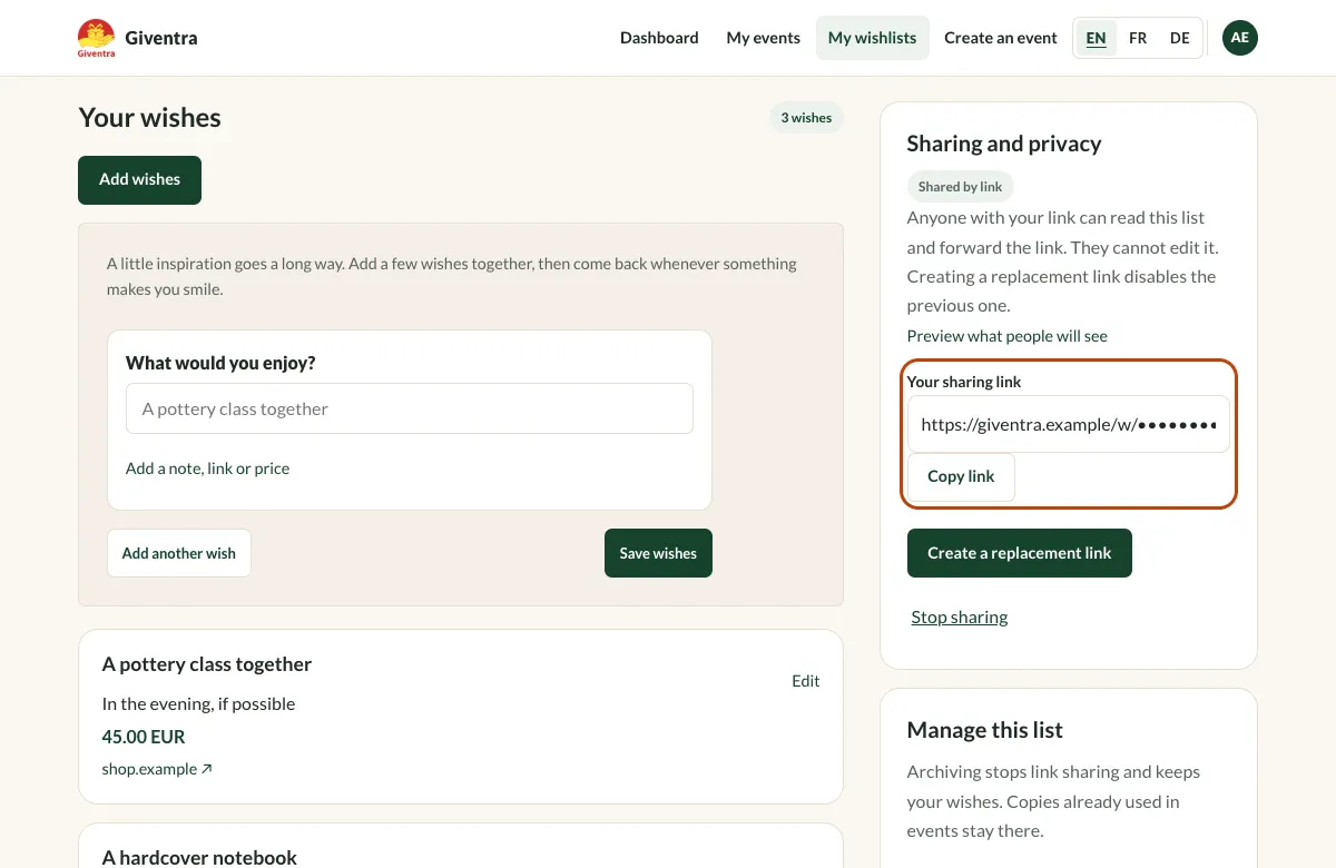 The sharing panel with the sharing link highlighted. The link is hidden in this example.