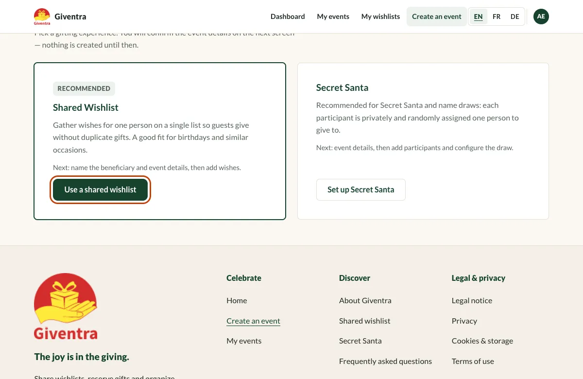The experience choice, with the shared wishlist recommended and its button highlighted.