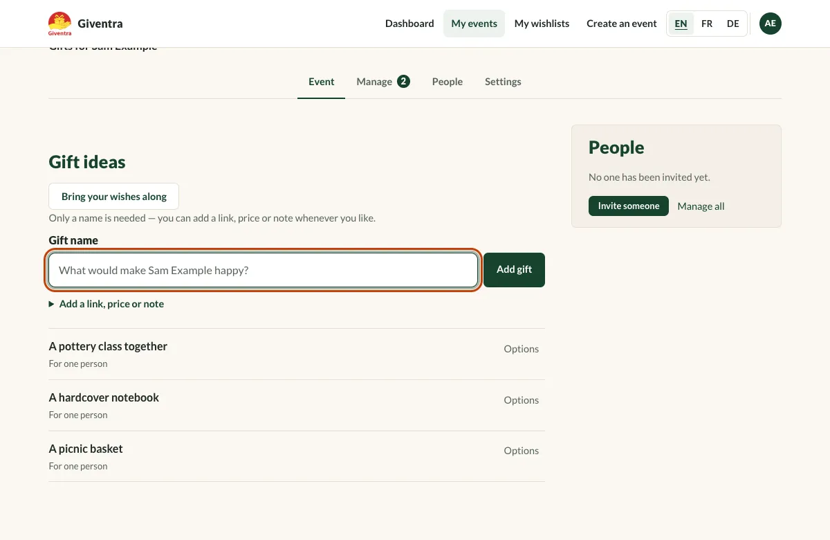 The event page with three gift ideas and the gift name field highlighted.