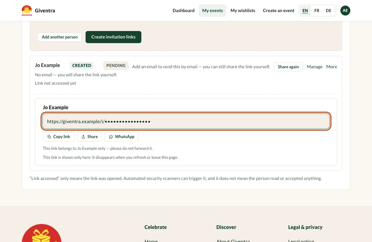The People tab with a personal invitation link highlighted. The link is hidden in this example.