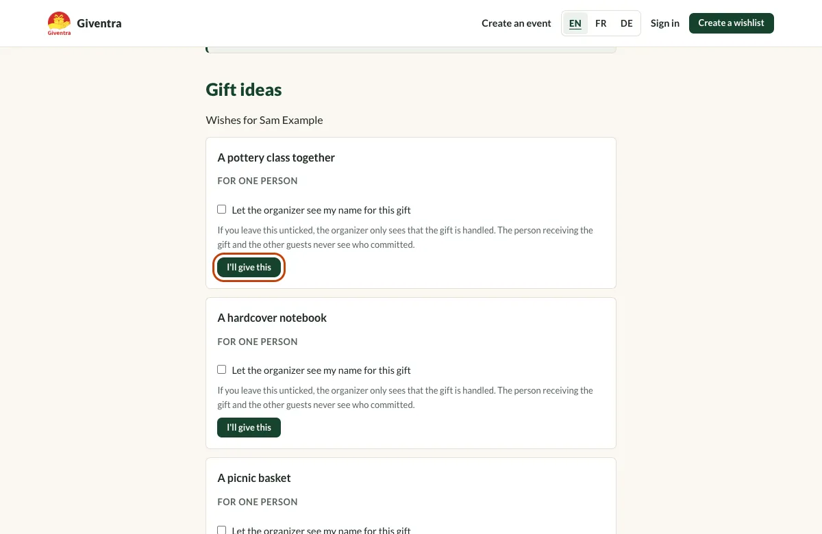 The invitation page for a guest with the first gift and its I’ll give this button highlighted.