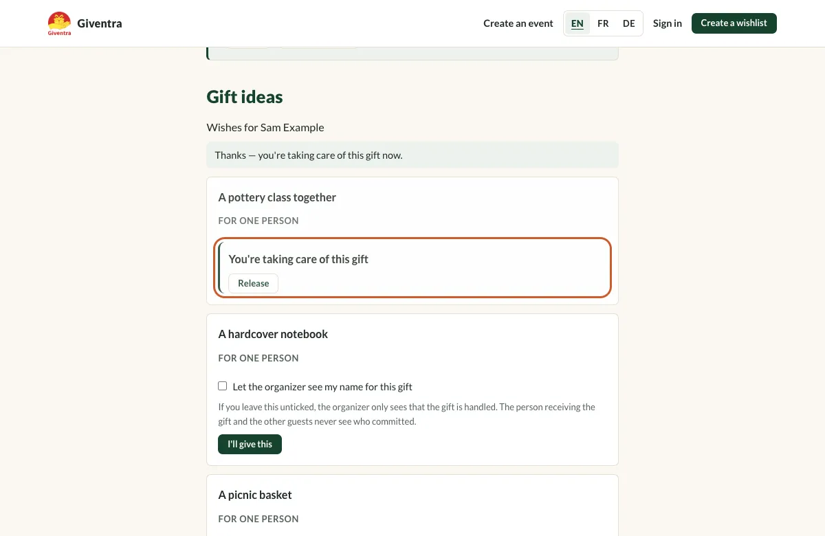 A gift card marked as taken care of by the guest, with the Release button.