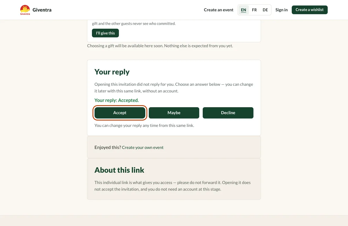 The reply section of the invitation with the Accept button highlighted.