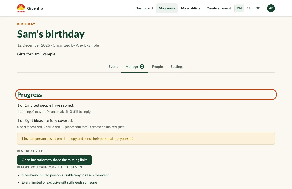 The Manage tab showing the progress of replies and covered gift ideas.
