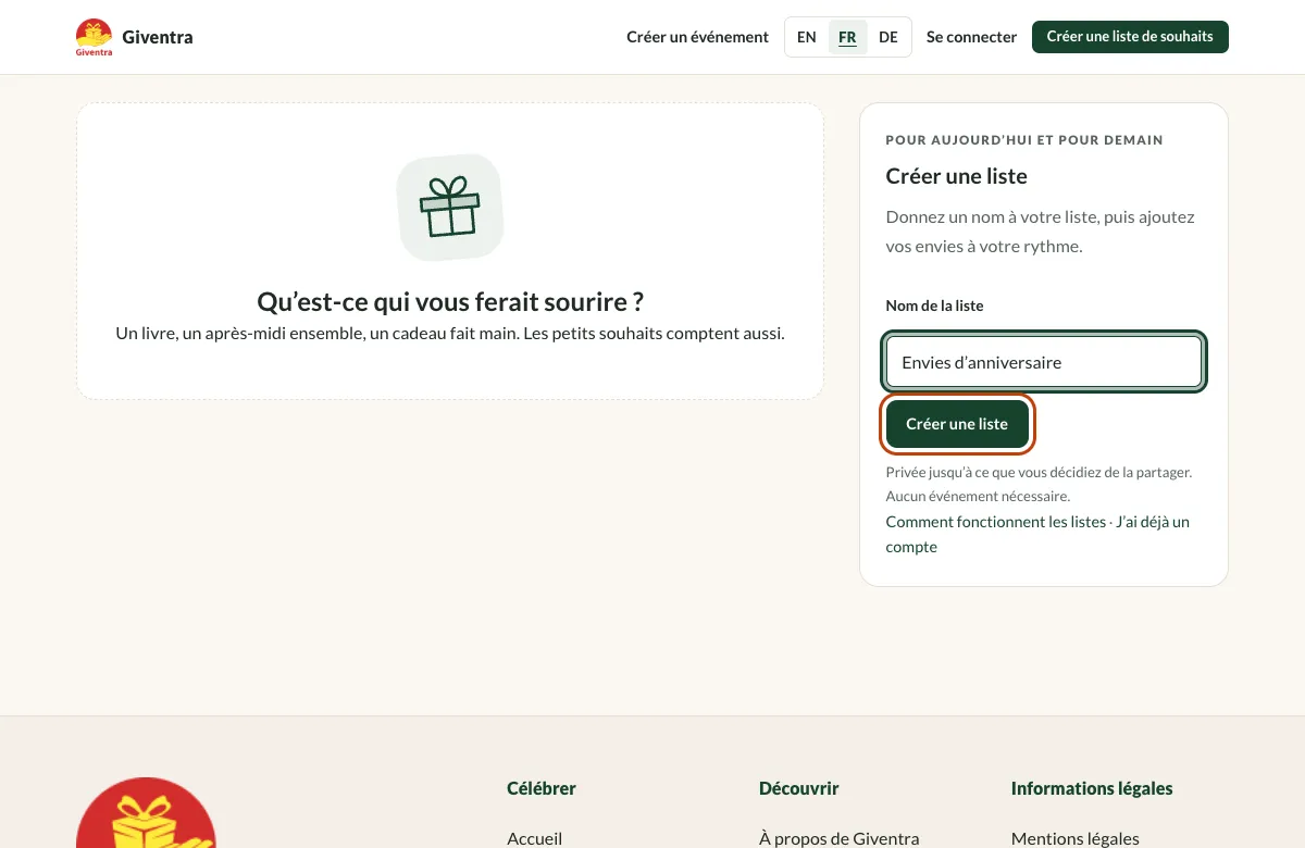 La page de création de liste, avec le champ du nom et le bouton de création mis en évidence.