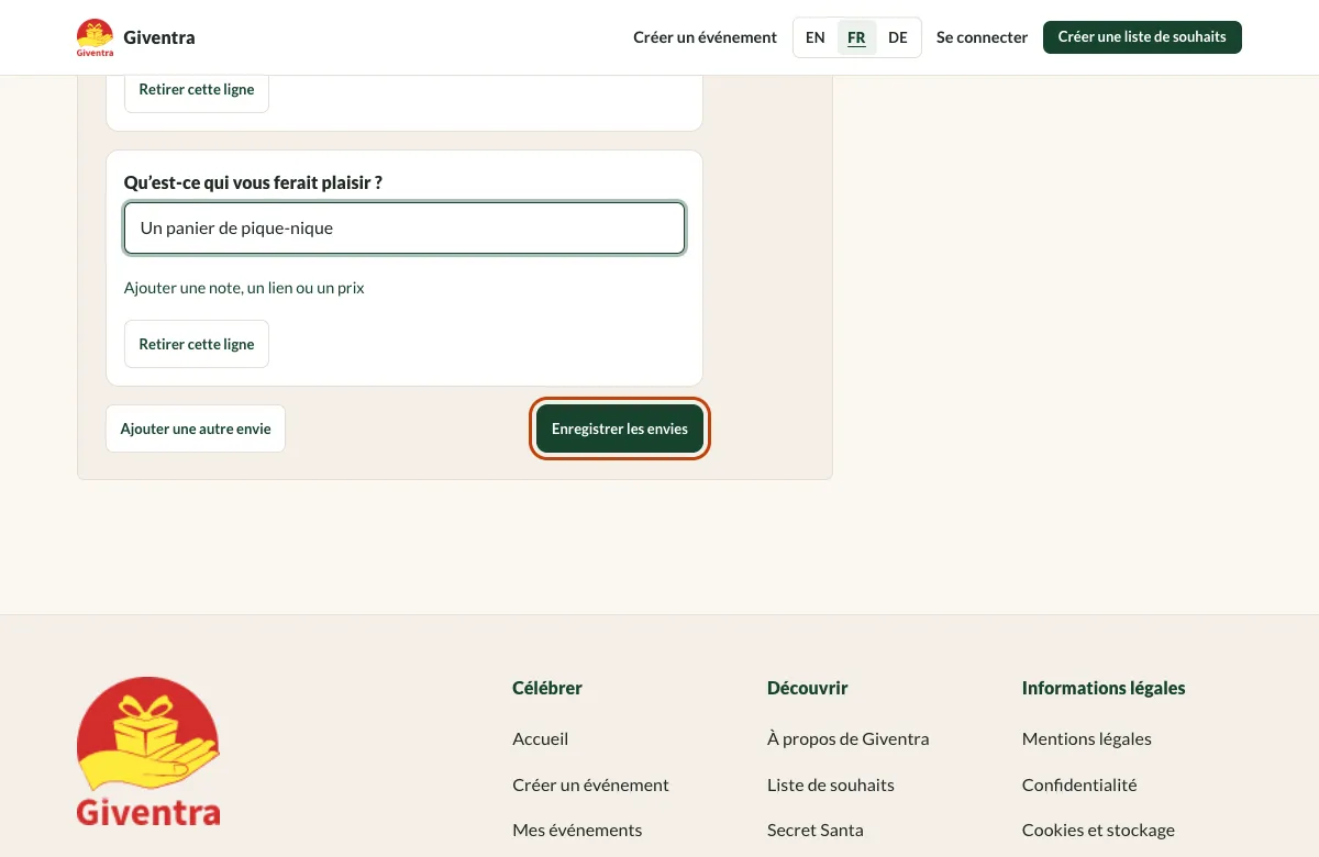 Le formulaire d’envies avec trois envies saisies et le bouton Enregistrer les envies mis en évidence.