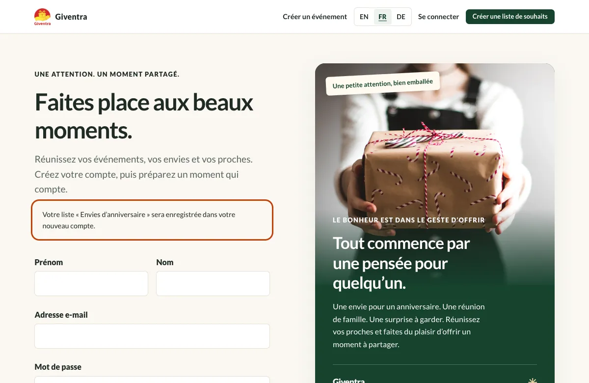 La page d’inscription avec l’indication que la liste sera enregistrée dans le nouveau compte.