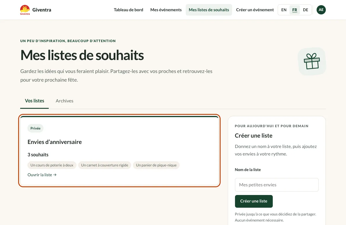 La page Mes listes de souhaits avec la liste Envies d’anniversaire et ses trois souhaits.