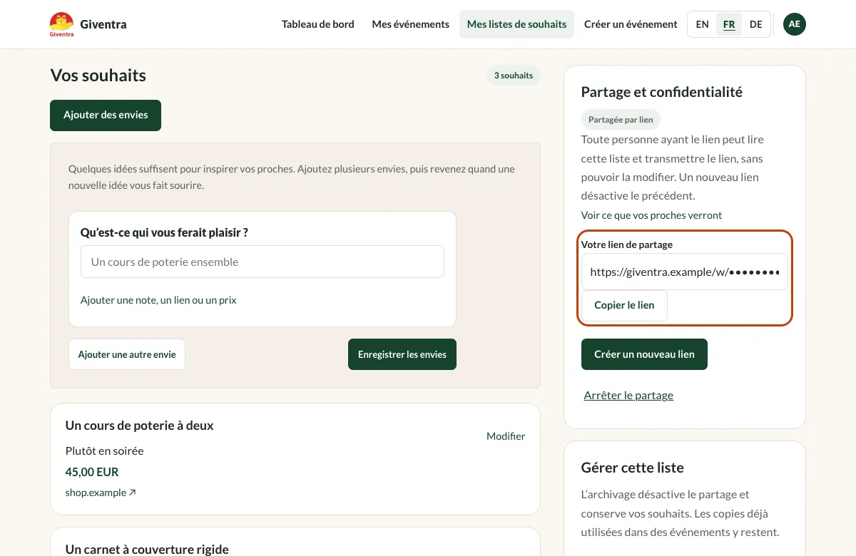 Le panneau de partage avec le lien de partage mis en évidence. Le lien est masqué dans cet exemple.