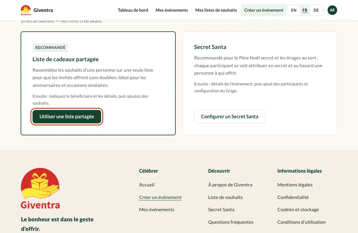 Le choix de l’expérience, avec la liste partagée recommandée et son bouton mis en évidence.