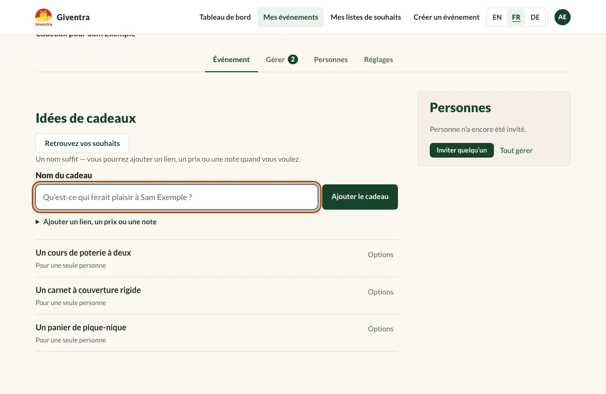 La page de l’événement avec trois idées de cadeaux et le champ du nom mis en évidence.