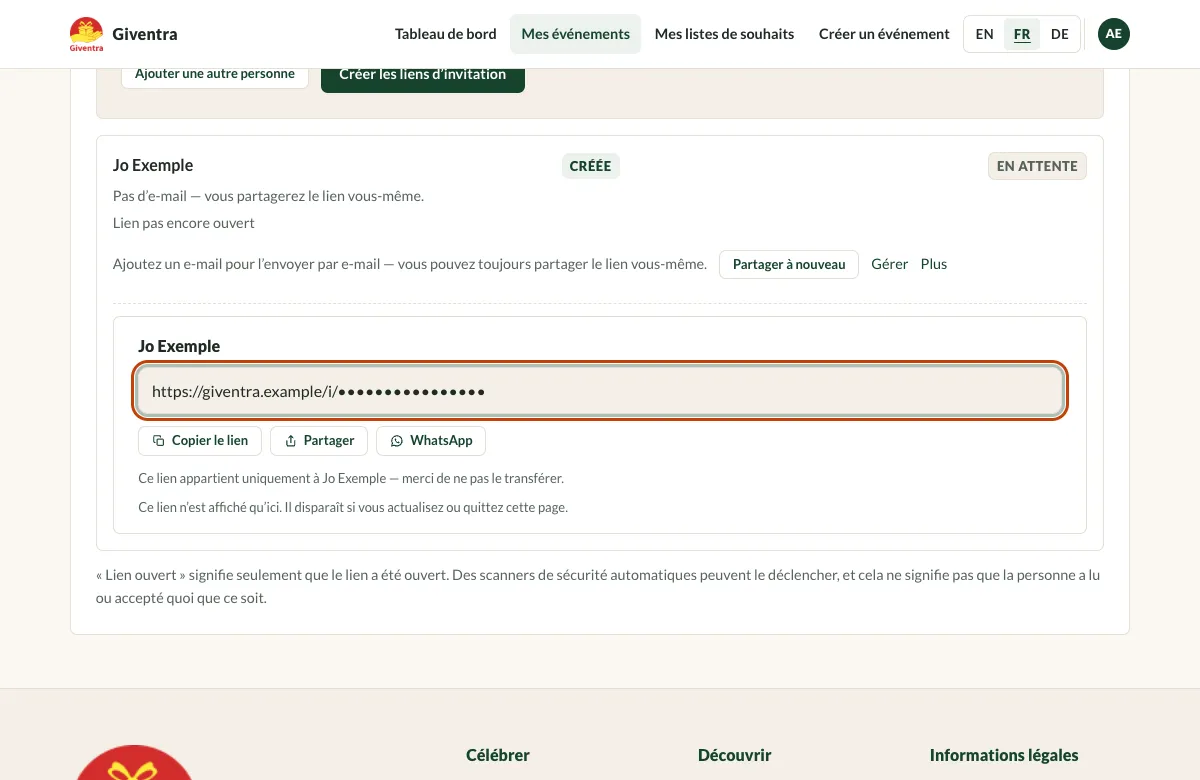 L’onglet Personnes avec un lien d’invitation personnel mis en évidence. Le lien est masqué dans cet exemple.