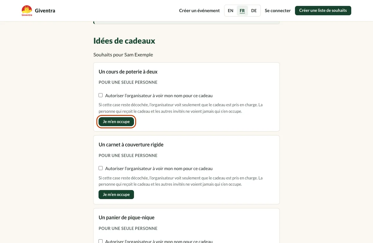 La page d’invitation d’un invité avec le premier cadeau et son bouton Je m’en occupe mis en évidence.