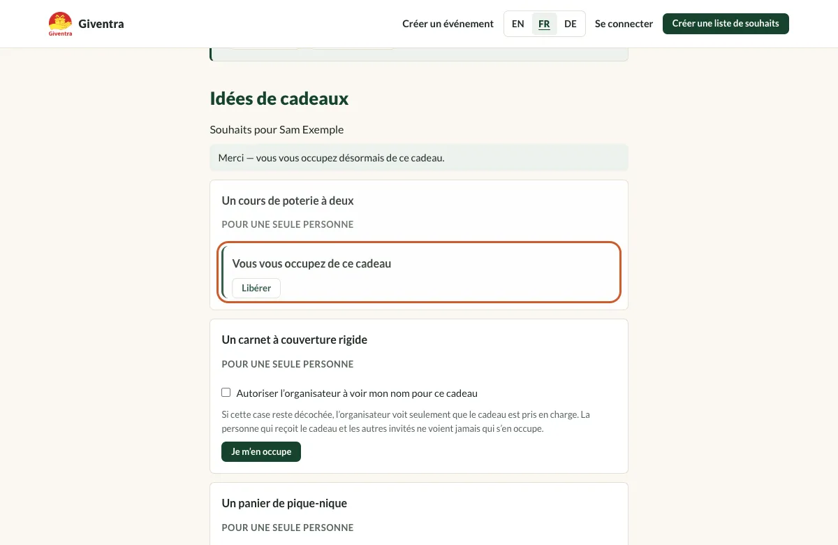 Une carte de cadeau marquée comme prise en charge par l’invité, avec le bouton Libérer.