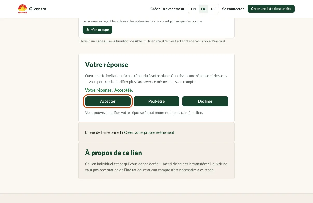 La section de réponse de l’invitation avec le bouton Accepter mis en évidence.