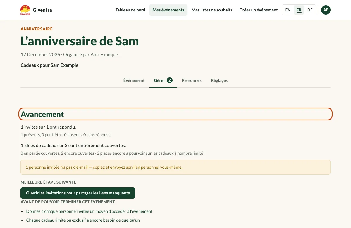 L’onglet Gérer avec l’avancement des réponses et des idées de cadeaux couvertes.