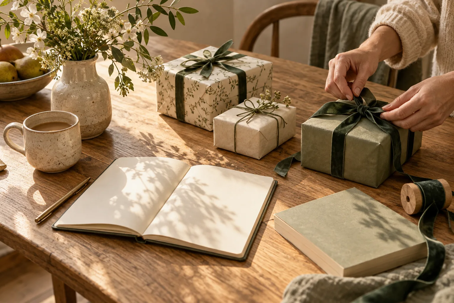 Hände binden ein grünes Band um ein Geschenk neben Blumen und einem Notizbuch.